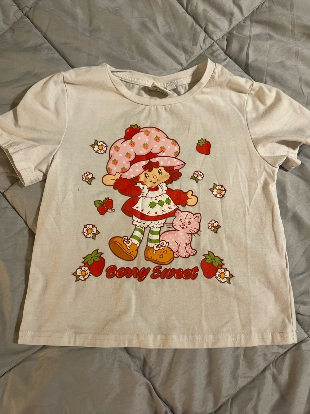 Girls White Graphic Tee with Pink Strawberry Character